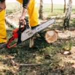 crop lumberman sawing log with electric power saw